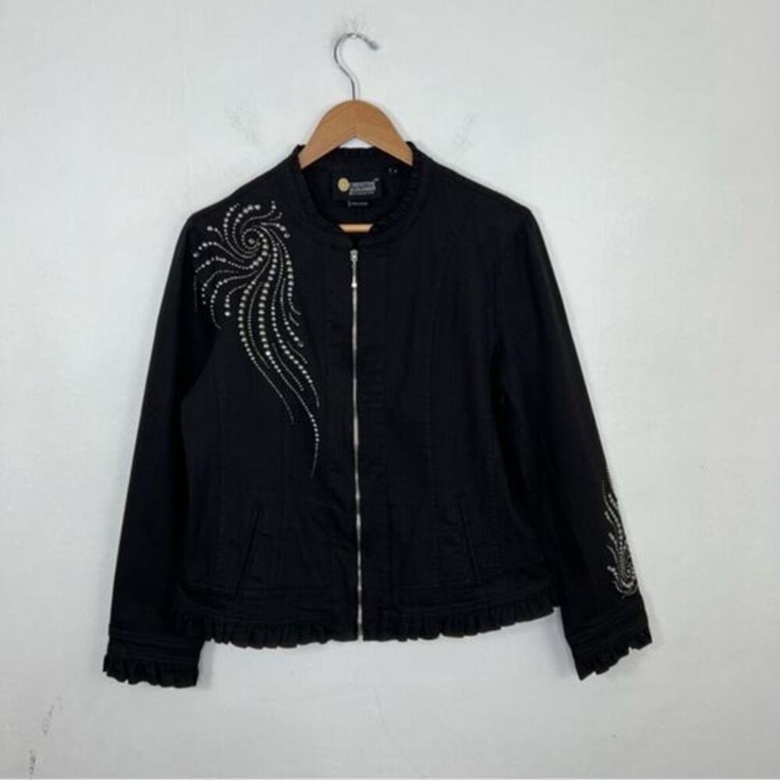 Christine Alexander Swarovski Crystal Embellished Black Jean Denim Jacket Size S